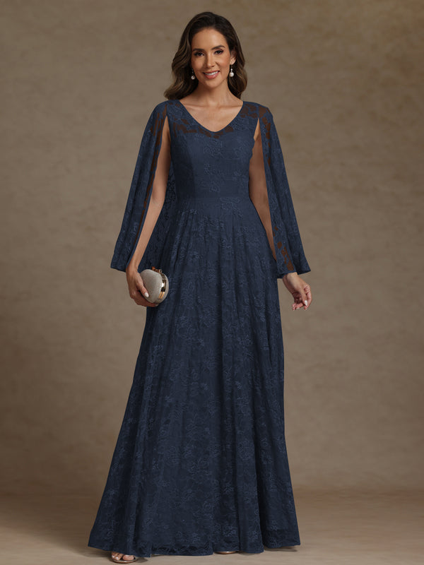 A-Line/Princess V-Neck Illusion Lace Appliques Sequins Floor-Length Mother of the Bride Dresses with Cape