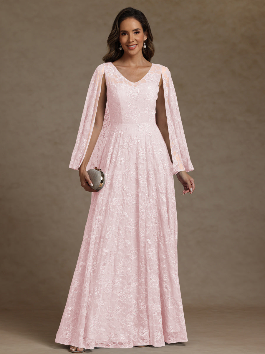 A-Line/Princess V-Neck Illusion Lace Appliques Sequins Floor-Length Mother of the Bride Dresses with Cape