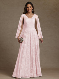 A-Line/Princess V-Neck Illusion Lace Appliques Sequins Floor-Length Mother of the Bride Dresses with Cape