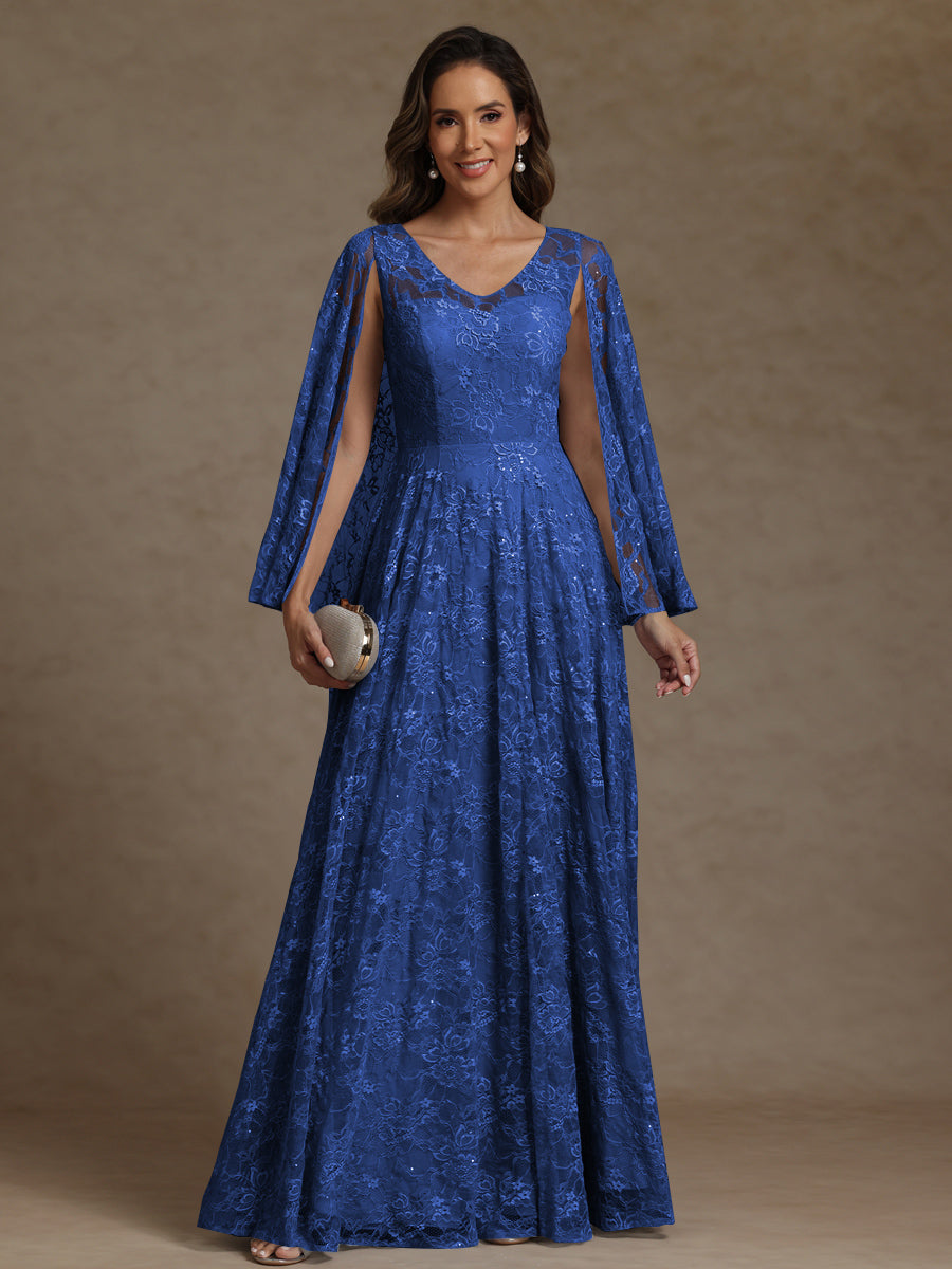 A-Line/Princess V-Neck Illusion Lace Appliques Sequins Floor-Length Mother of the Bride Dresses with Cape