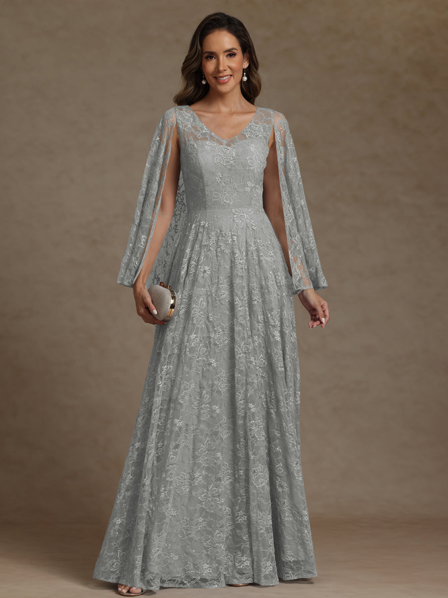 A-Line/Princess V-Neck Illusion Lace Appliques Sequins Floor-Length Mother of the Bride Dresses with Cape