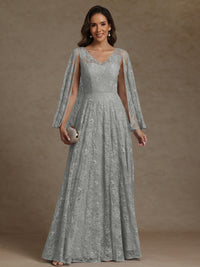 A-Line/Princess V-Neck Illusion Lace Appliques Sequins Floor-Length Mother of the Bride Dresses with Cape