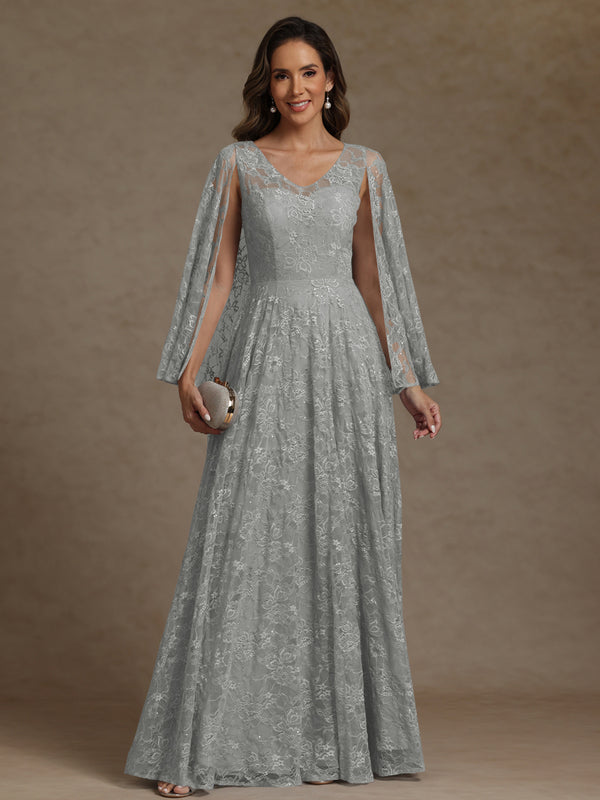 A-Line/Princess V-Neck Illusion Lace Appliques Sequins Floor-Length Mother of the Bride Dresses with Cape