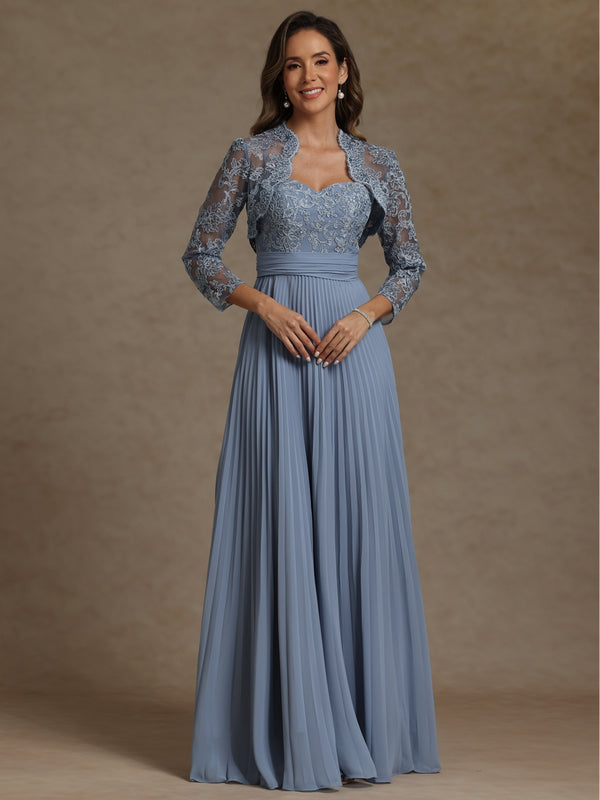 Dusty Blue Lace Mother of the Bride Dress 2026 Sweetheart Neck Long Sleeve Pleated Chiffon Formal Guest Gown