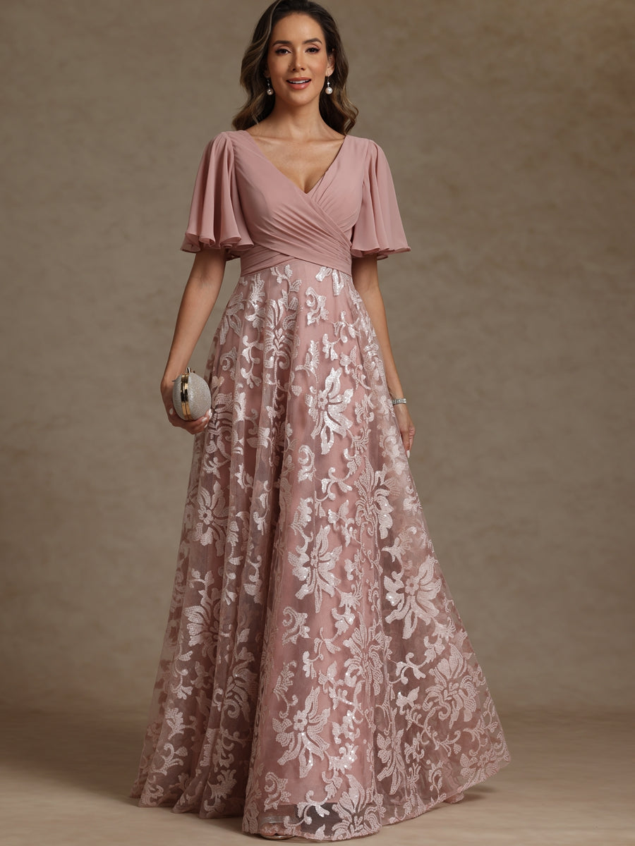 A-Line/Princess V-Neck Pleated Floor-Length Mother of the Bride Dresses with Sequins