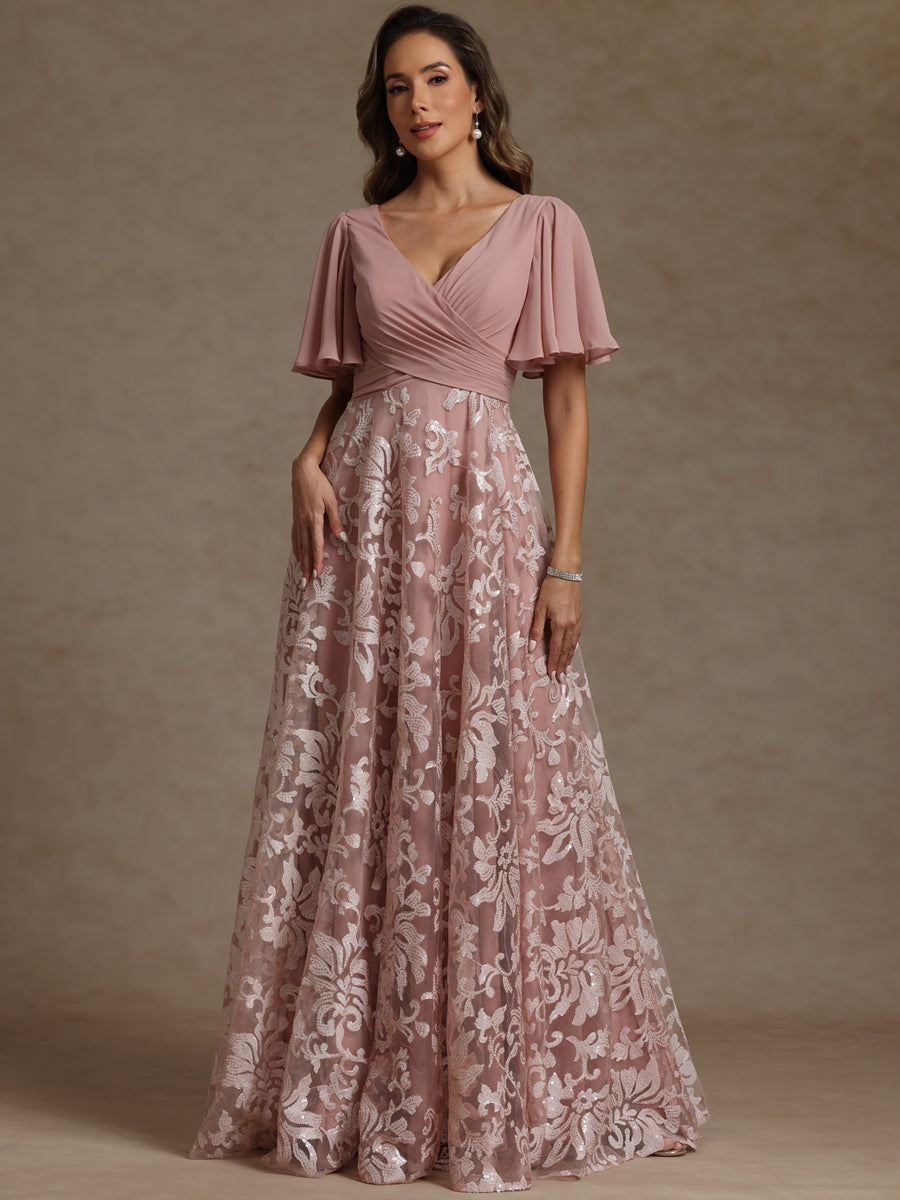A-Line/Princess V-Neck Pleated Floor-Length Mother of the Bride Dresses with Sequins