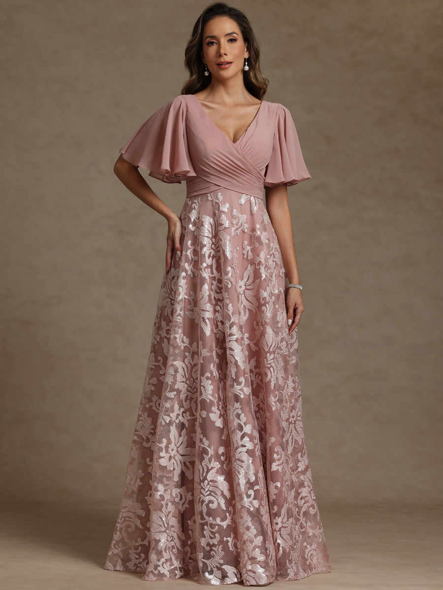 A-Line/Princess V-Neck Pleated Floor-Length Mother of the Bride Dresses with Sequins