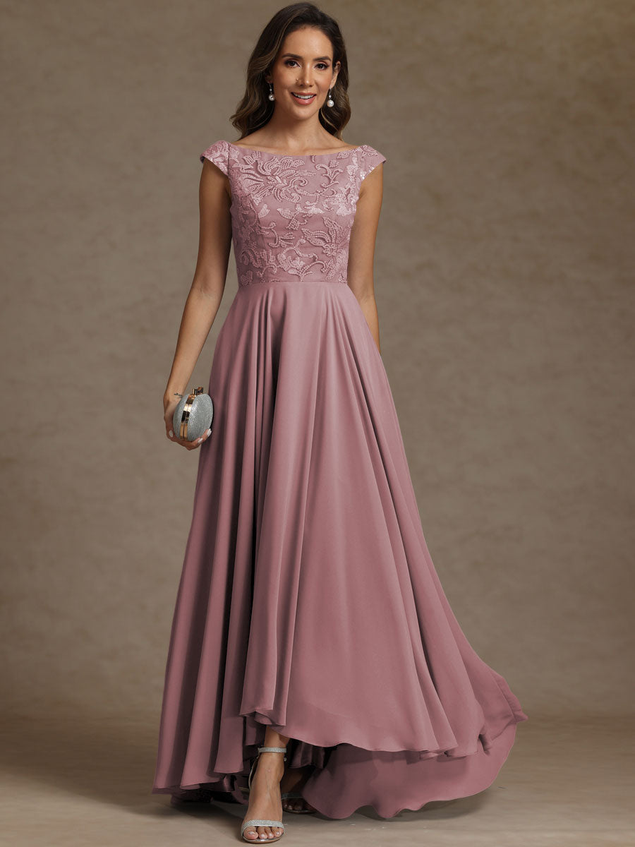 A-Line/Princess Boat Neck Asymmetrical Floor-Length Mother of the Bride Dresses with Sequins