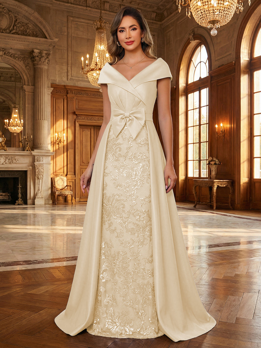 A-Line/Princess V Neck Lace Applique Elegant Mother of the Bride Dresses with Bow