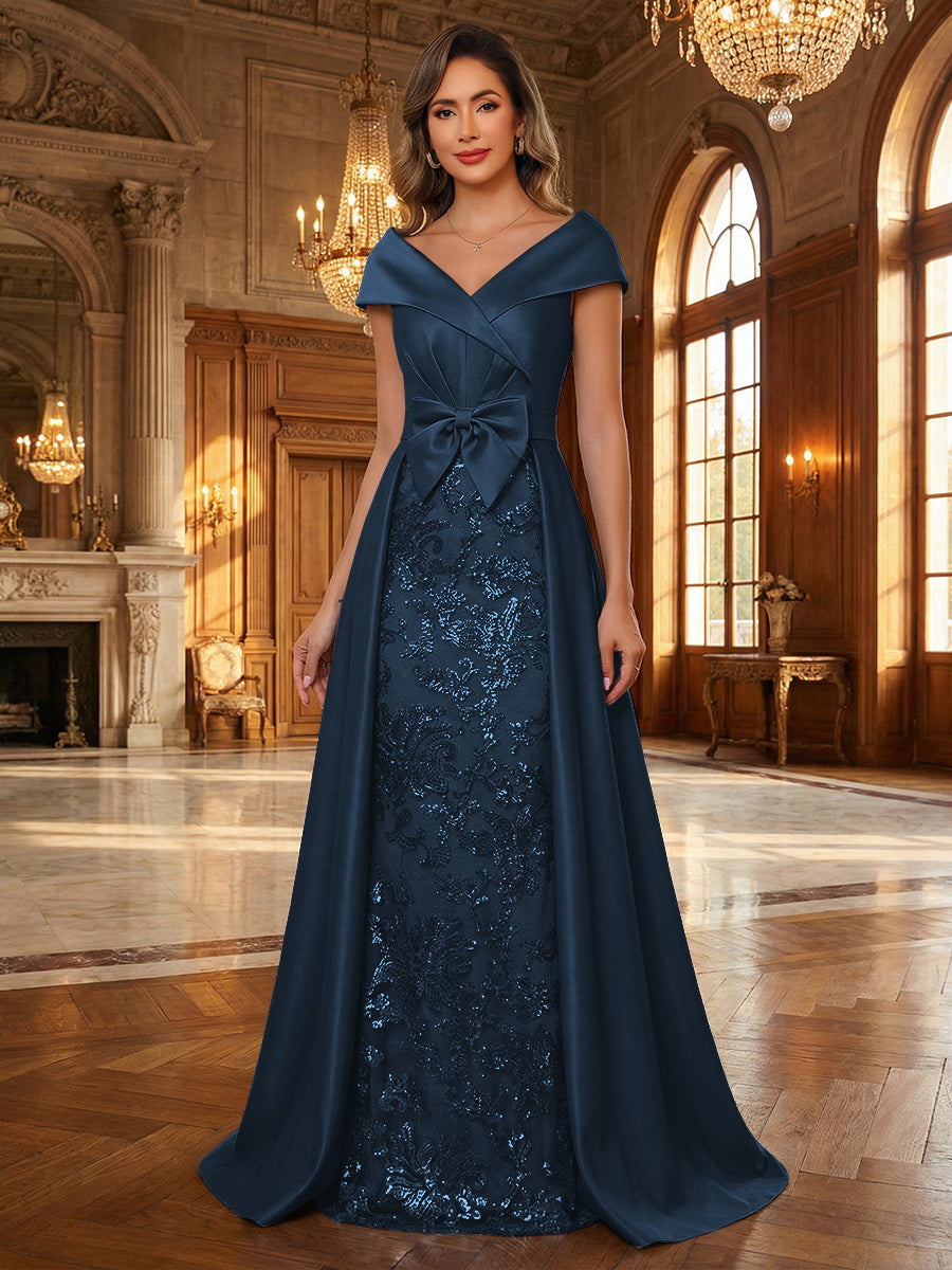 A-Line/Princess V Neck Lace Applique Elegant Mother of the Bride Dresses with Bow