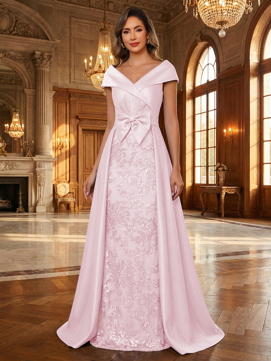 A-Line/Princess V Neck Lace Applique Elegant Mother of the Bride Dresses with Bow