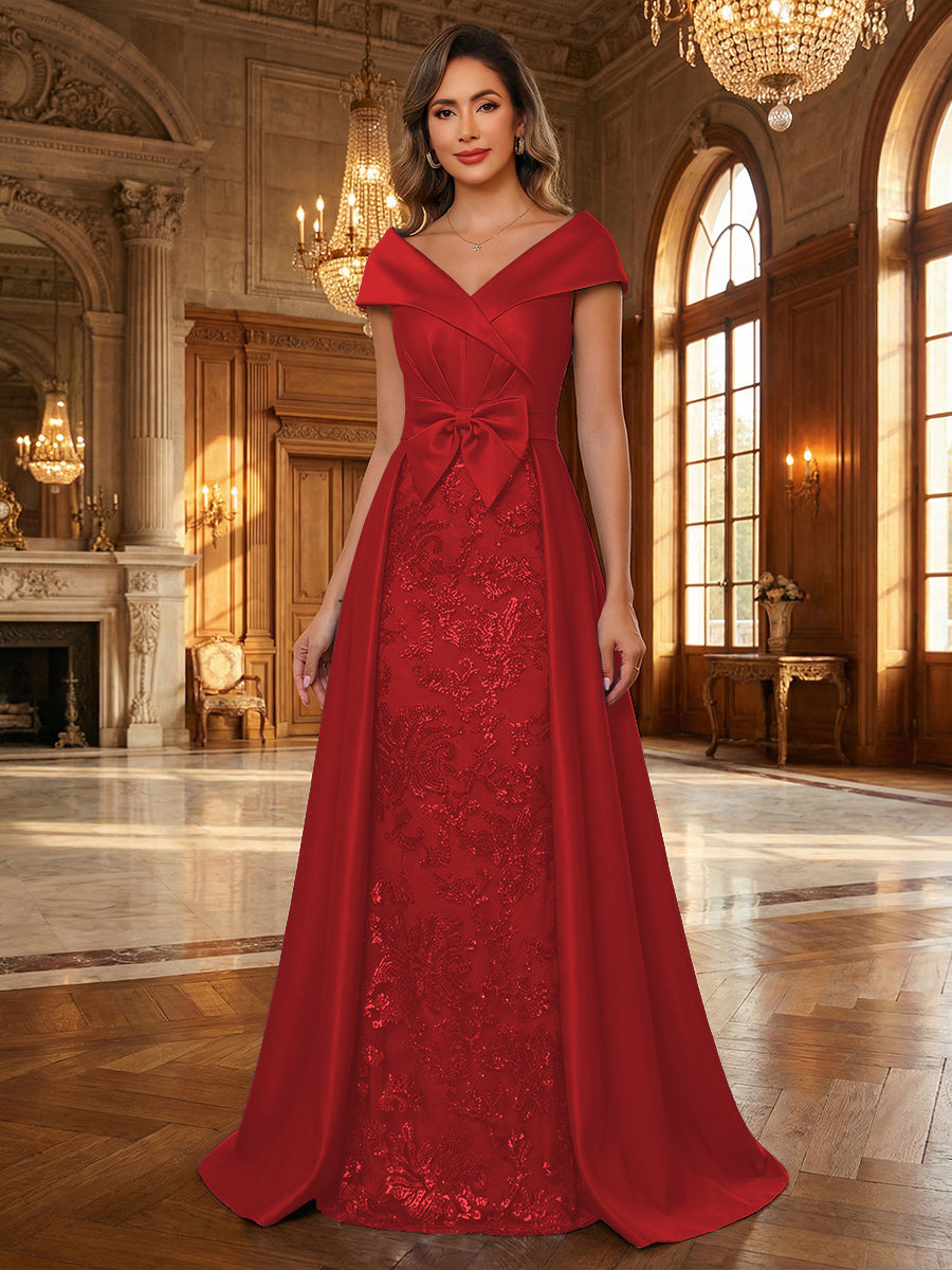A-Line/Princess V Neck Lace Applique Elegant Mother of the Bride Dresses with Bow