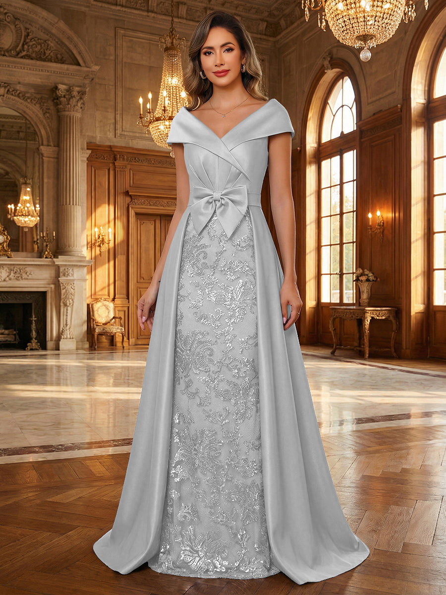 A-Line/Princess V Neck Lace Applique Elegant Mother of the Bride Dresses with Bow