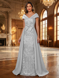 A-Line/Princess V Neck Lace Applique Elegant Mother of the Bride Dresses with Bow