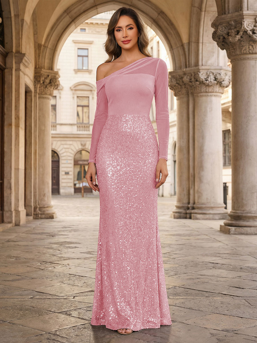 Sheath One-Shoulder Long Sleeve Floor Length Mixed Mother of the Bride Dresses