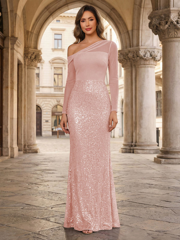 Sheath One-Shoulder Long Sleeve Floor Length Mixed Mother of the Bride Dresses