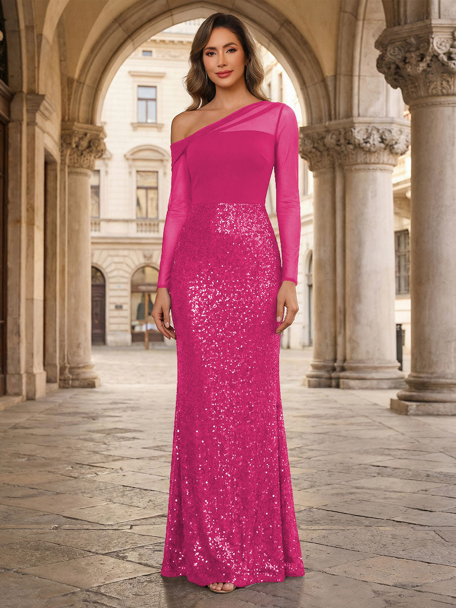 Sheath One-Shoulder Long Sleeve Floor Length Mixed Mother of the Bride Dresses