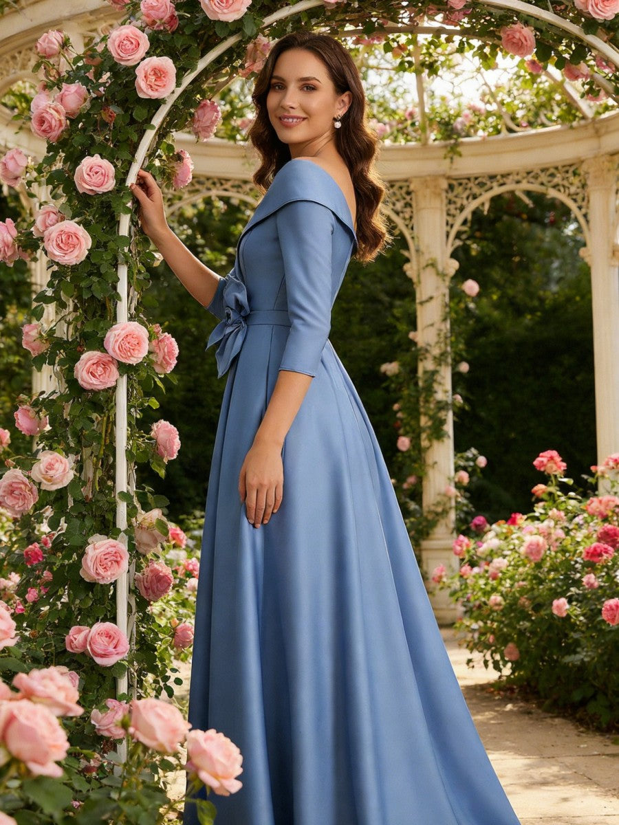 Satin A Line 3/4 Sleeve Floor Length Mother of the Bride Dresses with Flower