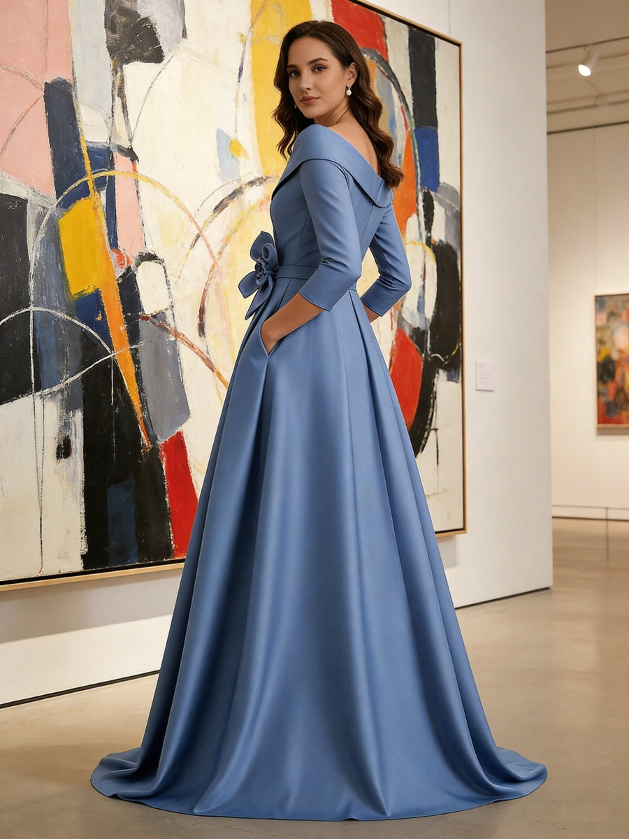 Satin A Line 3/4 Sleeve Floor Length Mother of the Bride Dresses with Flower