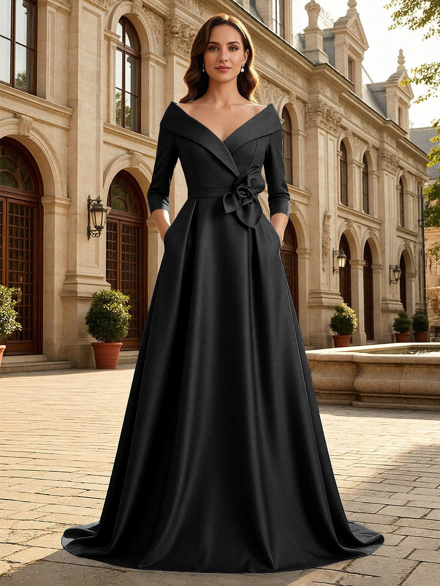 Shirees Navy Blue Satin A Line 3/4 Sleeve Floor Length Mother of the Bride Dresses with Flower 2026