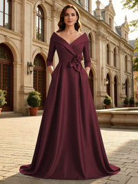 Satin A Line 3/4 Sleeve Floor Length Mother of the Bride Dresses with Flower