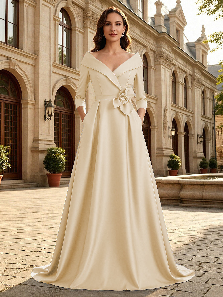 Satin A Line 3/4 Sleeve Floor Length Mother of the Bride Dresses with Flower