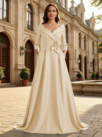 Satin A Line 3/4 Sleeve Floor Length Mother of the Bride Dresses with Flower