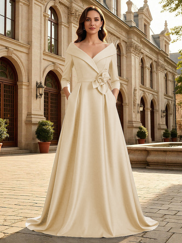 Satin A Line 3/4 Sleeve Floor Length Mother of the Bride Dresses with Flower