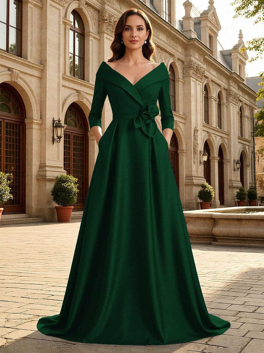 Satin A Line 3/4 Sleeve Floor Length Mother of the Bride Dresses with Flower