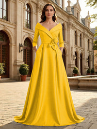 Satin A Line 3/4 Sleeve Floor Length Mother of the Bride Dresses with Flower