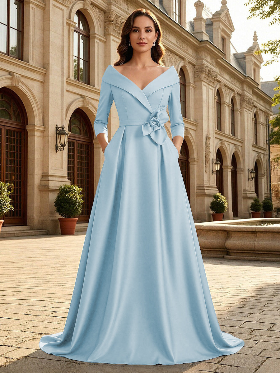 Satin A Line 3/4 Sleeve Floor Length Mother of the Bride Dresses with Flower