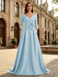 Satin A Line 3/4 Sleeve Floor Length Mother of the Bride Dresses with Flower