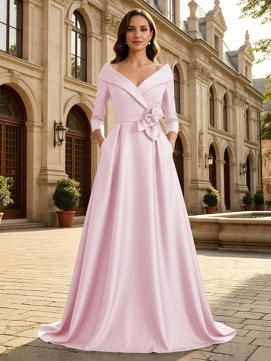Satin A Line 3/4 Sleeve Floor Length Mother of the Bride Dresses with Flower
