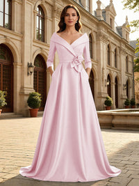 Satin A Line 3/4 Sleeve Floor Length Mother of the Bride Dresses with Flower