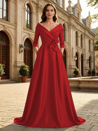 Satin A Line 3/4 Sleeve Floor Length Mother of the Bride Dresses with Flower