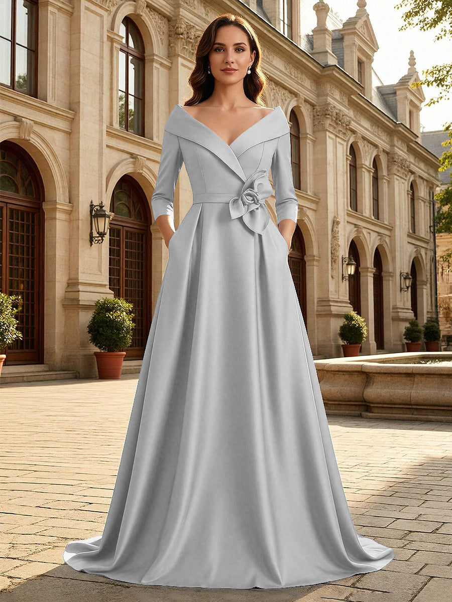 Satin A Line 3/4 Sleeve Floor Length Mother of the Bride Dresses with Flower