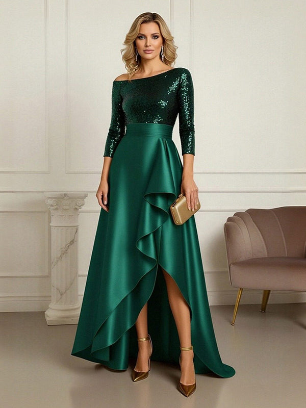 Emerald Green Off Shoulder Mother of the Bride Dress 2026 Sequin Long Sleeve High Low Formal Gown Emerald Green Off Shoulder Mother of the Bride Dress 2026 Sequin Long Sleeve High Low Formal Gown