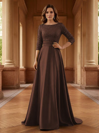 A Line Scoop 3/4 Sleeve Long Mixed Mother of the Bride Dresses with Sequins