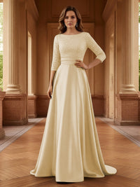 A Line Scoop 3/4 Sleeve Long Mixed Mother of the Bride Dresses with Sequins