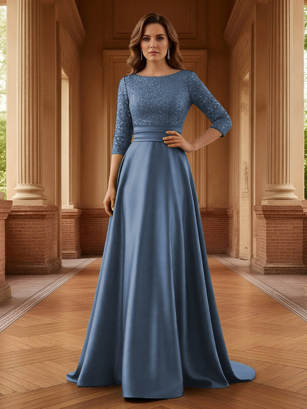 A Line Scoop 3/4 Sleeve Long Mixed Mother of the Bride Dresses with Sequins
