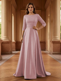 A Line Scoop 3/4 Sleeve Long Mixed Mother of the Bride Dresses with Sequins