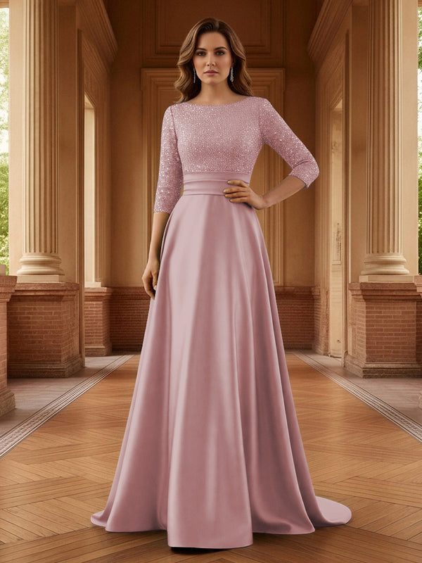A Line Scoop 3/4 Sleeve Long Mixed Mother of the Bride Dresses with Sequins