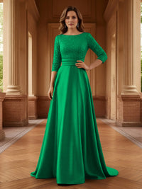 A Line Scoop 3/4 Sleeve Long Mixed Mother of the Bride Dresses with Sequins