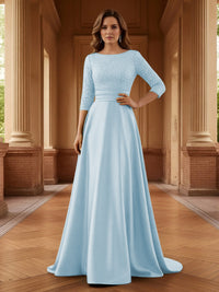 A Line Scoop 3/4 Sleeve Long Mixed Mother of the Bride Dresses with Sequins