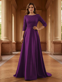 A Line Scoop 3/4 Sleeve Long Mixed Mother of the Bride Dresses with Sequins
