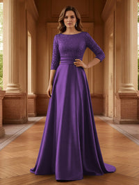 A Line Scoop 3/4 Sleeve Long Mixed Mother of the Bride Dresses with Sequins