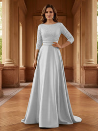 A Line Scoop 3/4 Sleeve Long Mixed Mother of the Bride Dresses with Sequins