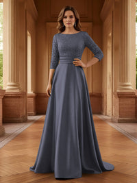 A Line Scoop 3/4 Sleeve Long Mixed Mother of the Bride Dresses with Sequins