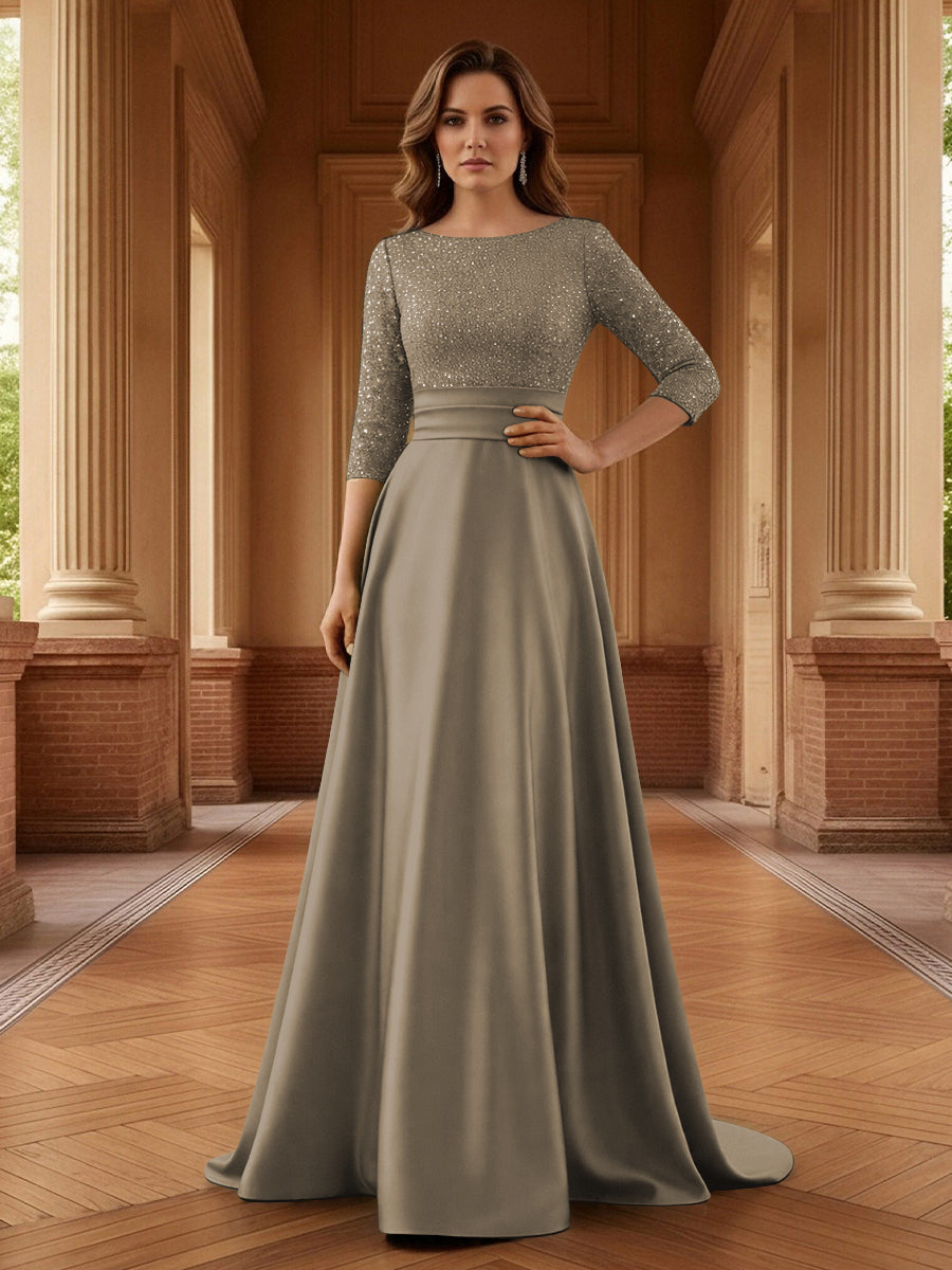 A Line Scoop 3/4 Sleeve Long Mixed Mother of the Bride Dresses with Sequins