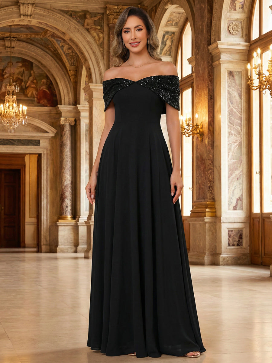 Off Shoulder Satin Sleeveless Pleated Mother of the Bride Dresses with Sequins
